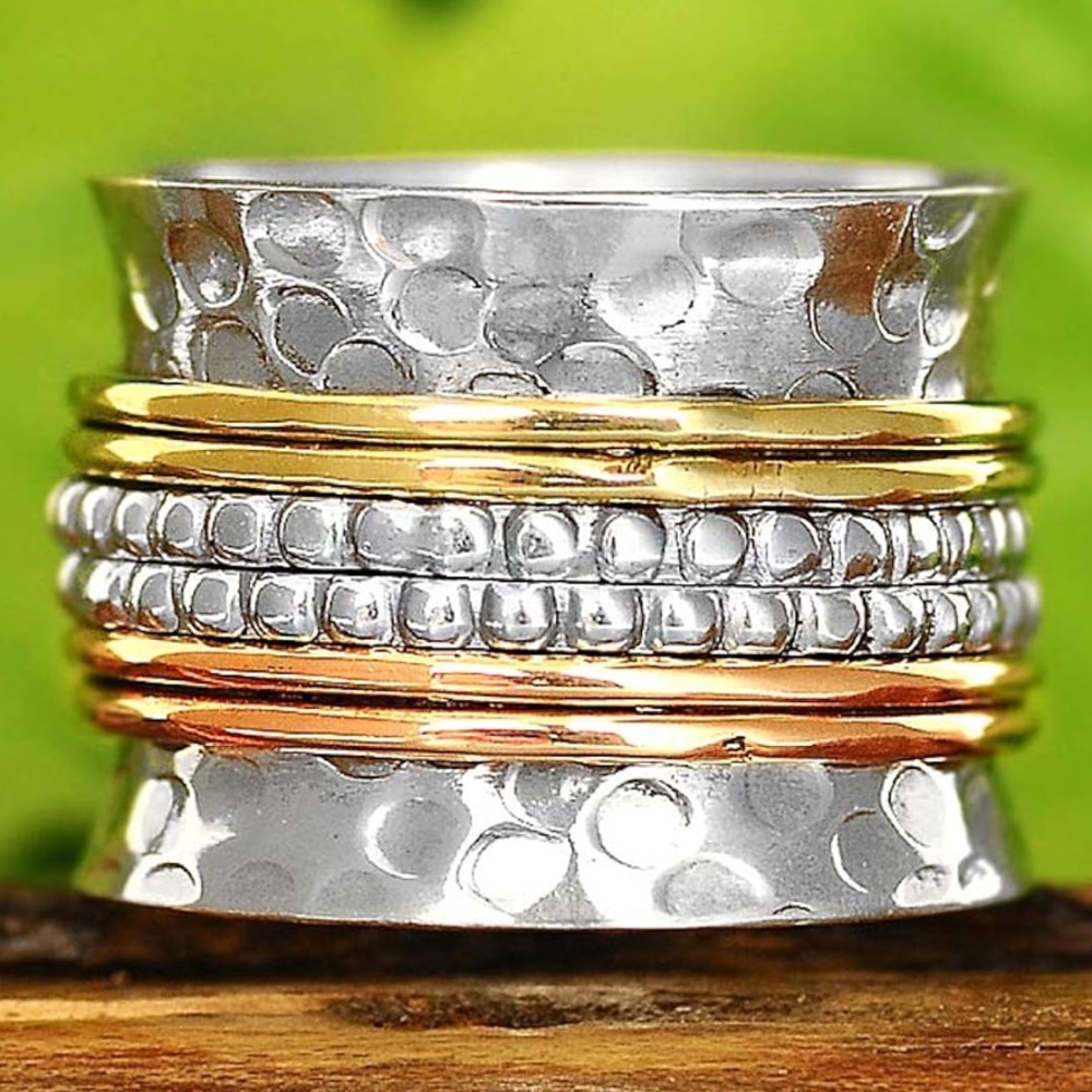 🆕 Boho wide 9 ring 925 sterling silver stamped spinner hammered mixed metal NEW